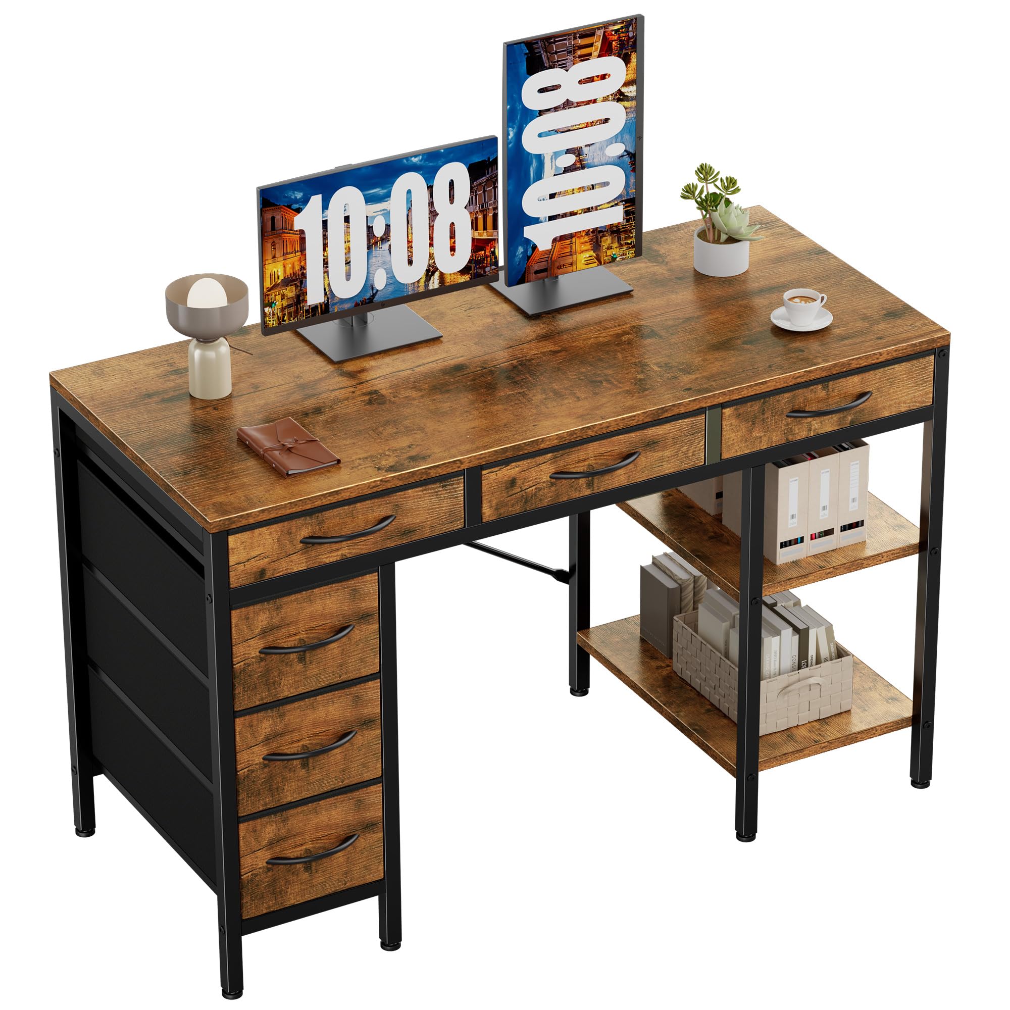 Sweetcrispy 47" Computer Desk with 6 Drawers, Home Office Gaming Desks with Storage Shelves for Bedroom, Writing Study Corner Living Room Work Table White