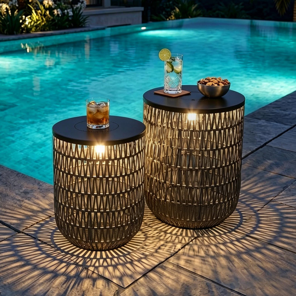 HMVPL Solar Outdoor Side Table Set of 2 with Dimmable Light, Round Patio Side Table for Outside, Outdoor End Accent Tables, Plastic Rattan Patio End Table for Poolside Backyard Gazebo, Dusk to Dawn