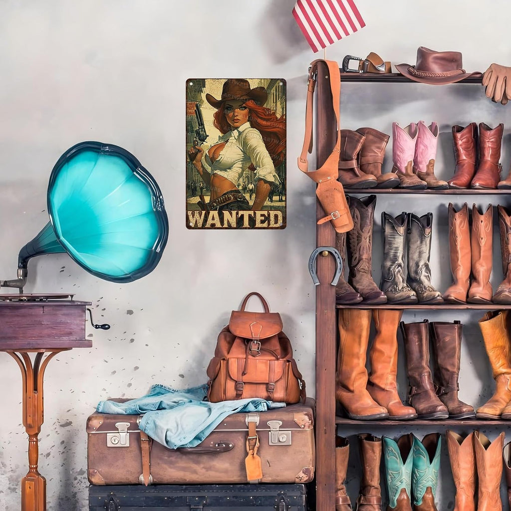 Retro Cowgirl Tin Sign Metal Wall Art Rustic Western Home Decor Wanted Theme 8x12inch