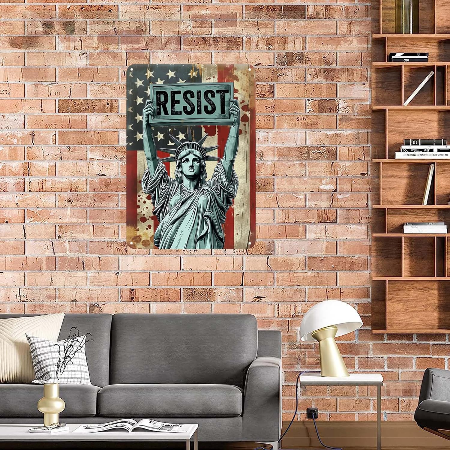 Statue of Liberty Resist Tin Sign,Social Security And Medicare Protest,Democracy Vintage Style Wall Decor for Home Kitchen Bar Room Garage 8 X 12 inches.