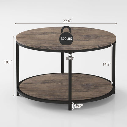 NSdirect Round Coffee Table, 27.5" Small Coffee Table for Living Room,2-Tier Rustic Wood Desktop with Storage Shelf Modern Design Home Furniture(Light Walnut)