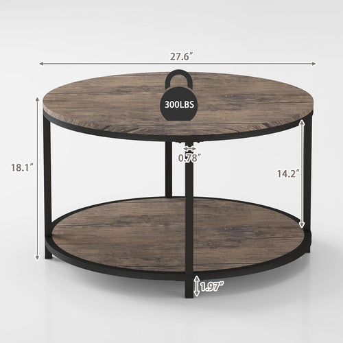 NSdirect Round Coffee Table, 27.5" Small Coffee Table for Living Room,2-Tier Rustic Wood Desktop with Storage Shelf Modern Design Home Furniture(Light Walnut)