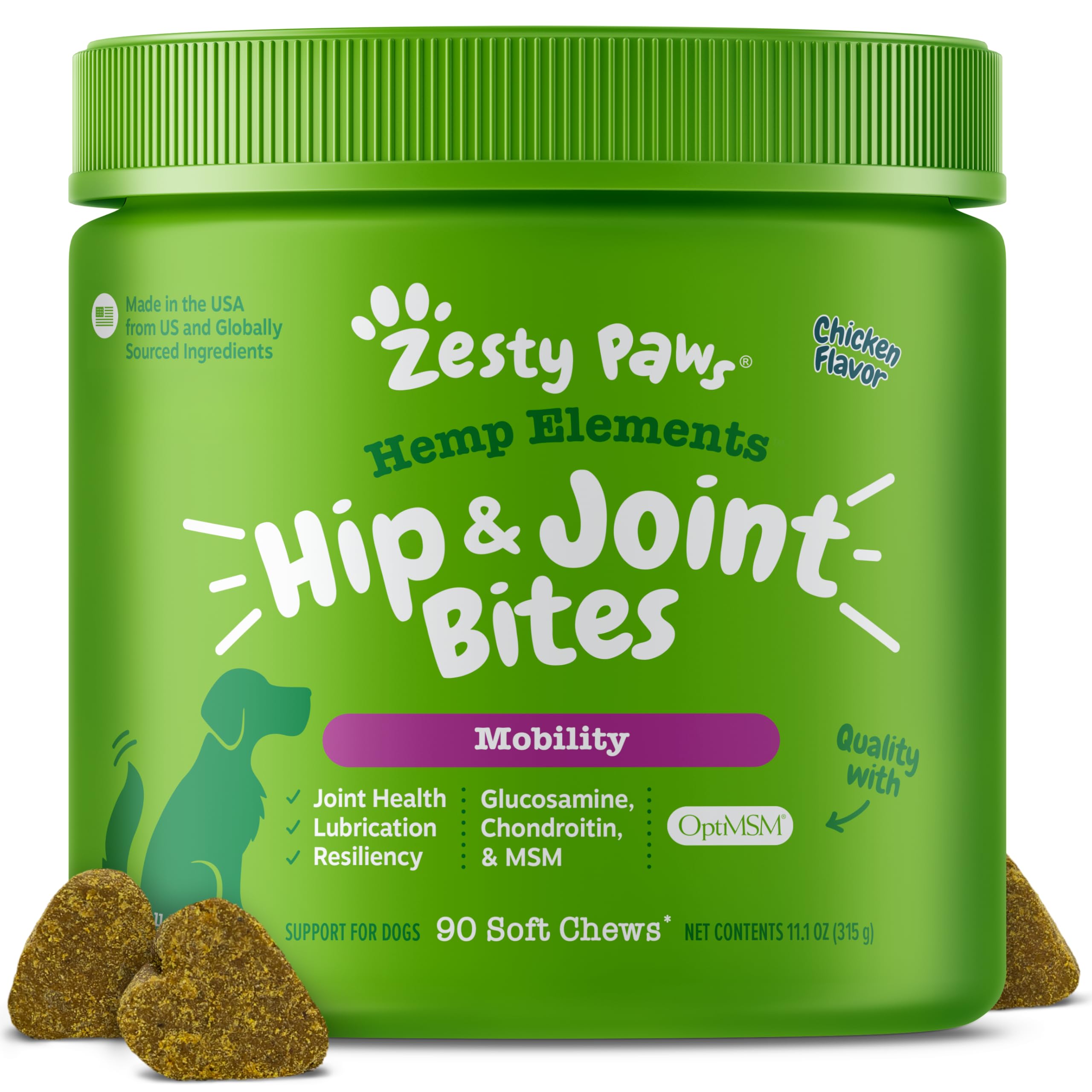 Zesty Paws Hip and Joint for Dogs, Glucosamine for Dogs Hip and Joint Supplement with Chondroitin, MSM, Vitamins C & E - Bacon, 90 Count