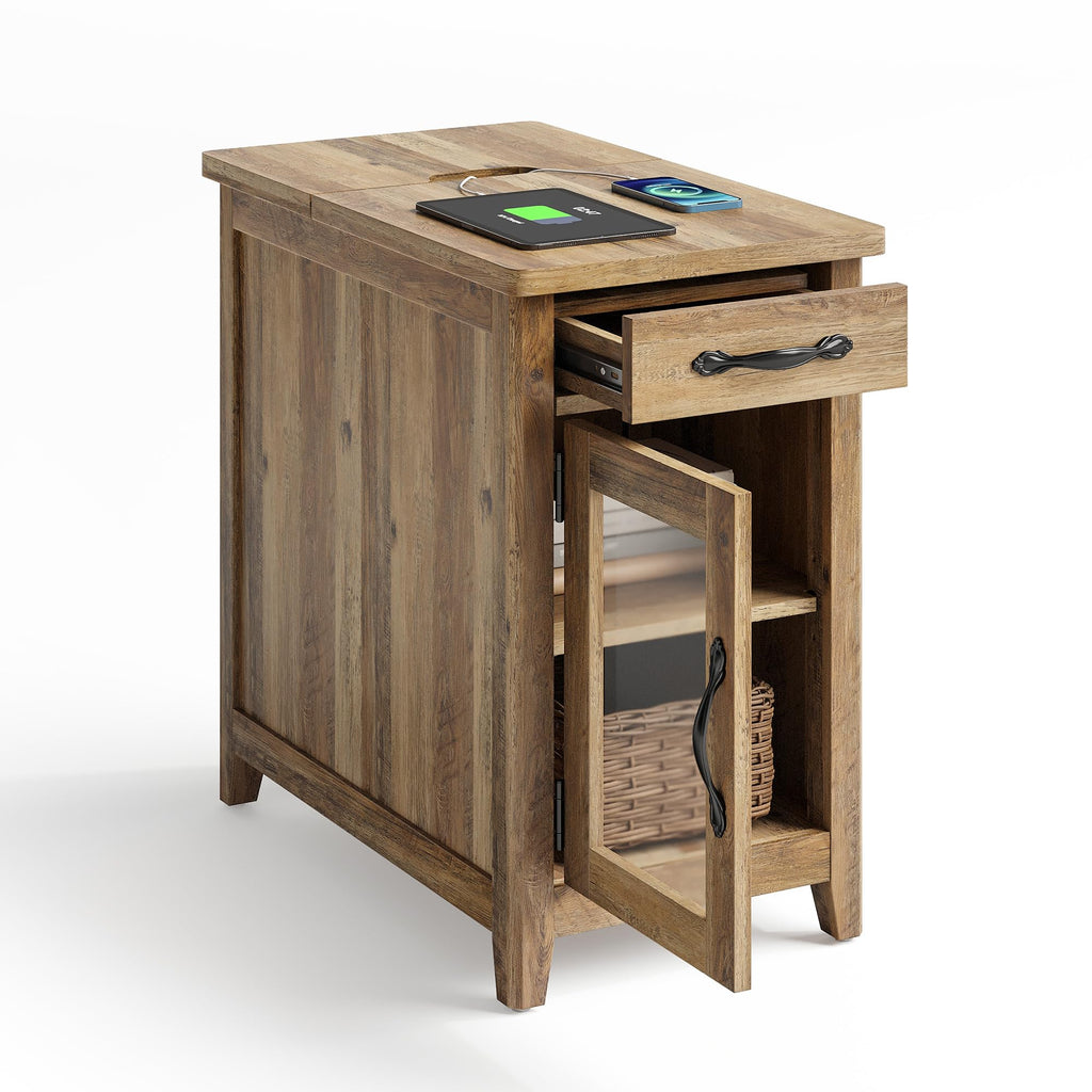 LINSY HOME End Table with Charging Station, Modern Farmhouse Wooden Side Table with Drawer, Detachable Holder, Extra Storage & Display Space, for Living Room and Bedroom, Glass Door, Washed Grey