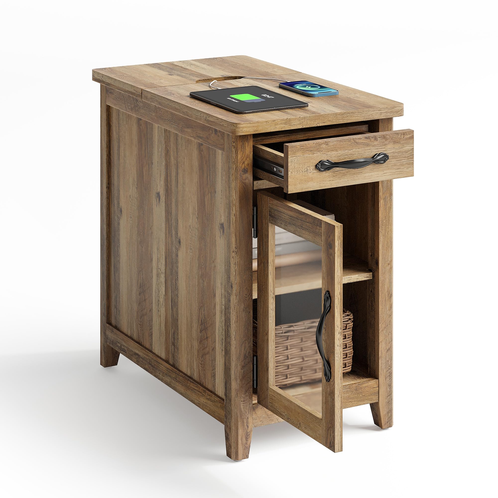 LINSY HOME End Table with Charging Station, Modern Farmhouse Wooden Side Table with Drawer, Detachable Holder, Extra Storage & Display Space, for Living Room and Bedroom, Glass Door, Washed Grey