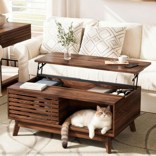HAIOOU Lift Top Coffee Table, Mid Century Modern Coffee Table with Storage for Living Room, 35.4'' Walnut Coffee Tables with Sliding Fence Door (Brown)