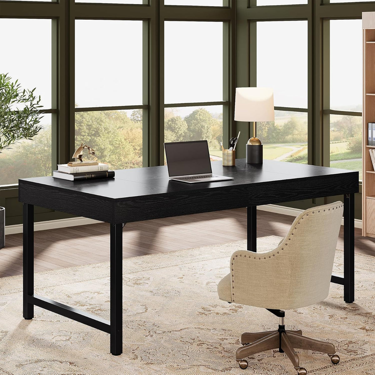 Tribesigns 55" Industrial Executive Desk for Home Office, Rustic Simple Computer Laptop Desk with Strong Metal Legs, Study Writing Table Business Workstation, Small Conference Table Black
