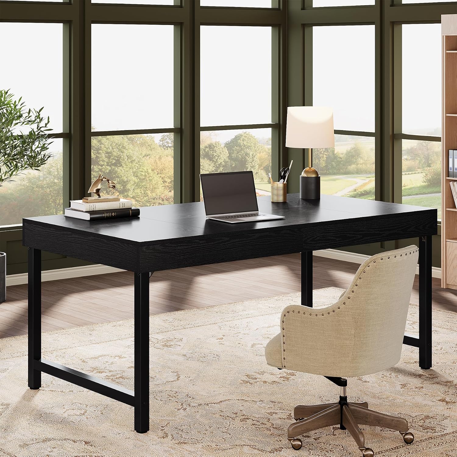 Tribesigns 55" Industrial Executive Desk for Home Office, Rustic Simple Computer Laptop Desk with Strong Metal Legs, Study Writing Table Business Workstation, Small Conference Table Black