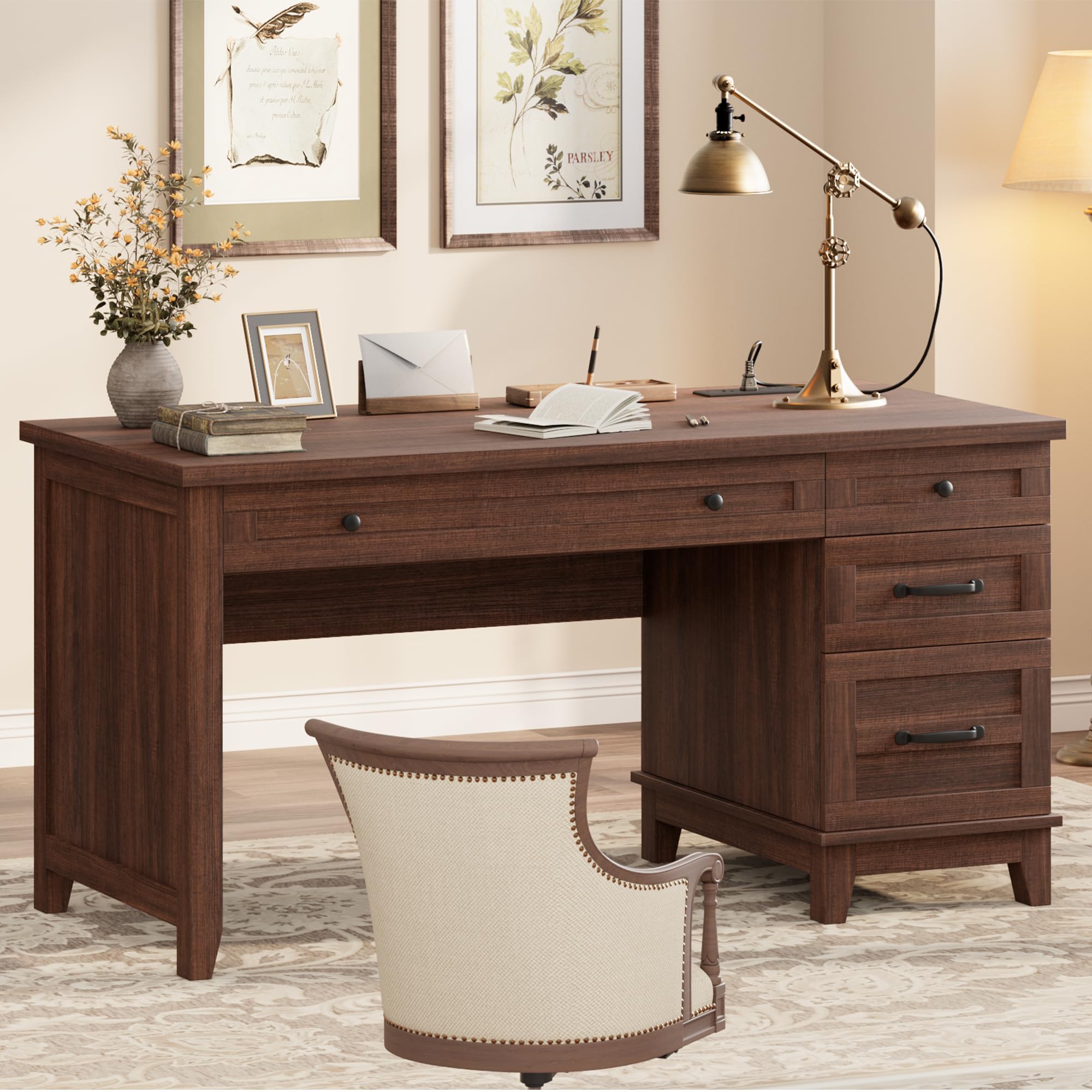 Garvee 53.5" Wooden Home Office Desk with File Drawers, Executive Desk with Power Outlet, Farmhouse Wood Desk with Storage, Distressed Study and Work Table, Rustic Grey