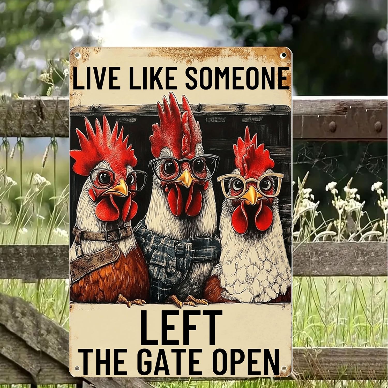 Vintage Metal Chicken Signs-Funny Chicken Decor Sign Live Like Someone Left The Gate Open Tin Sign for Home Chicken Coop Farm Fence Kitchen Bathroom Bedroom Wall Decor 8x12 Inches