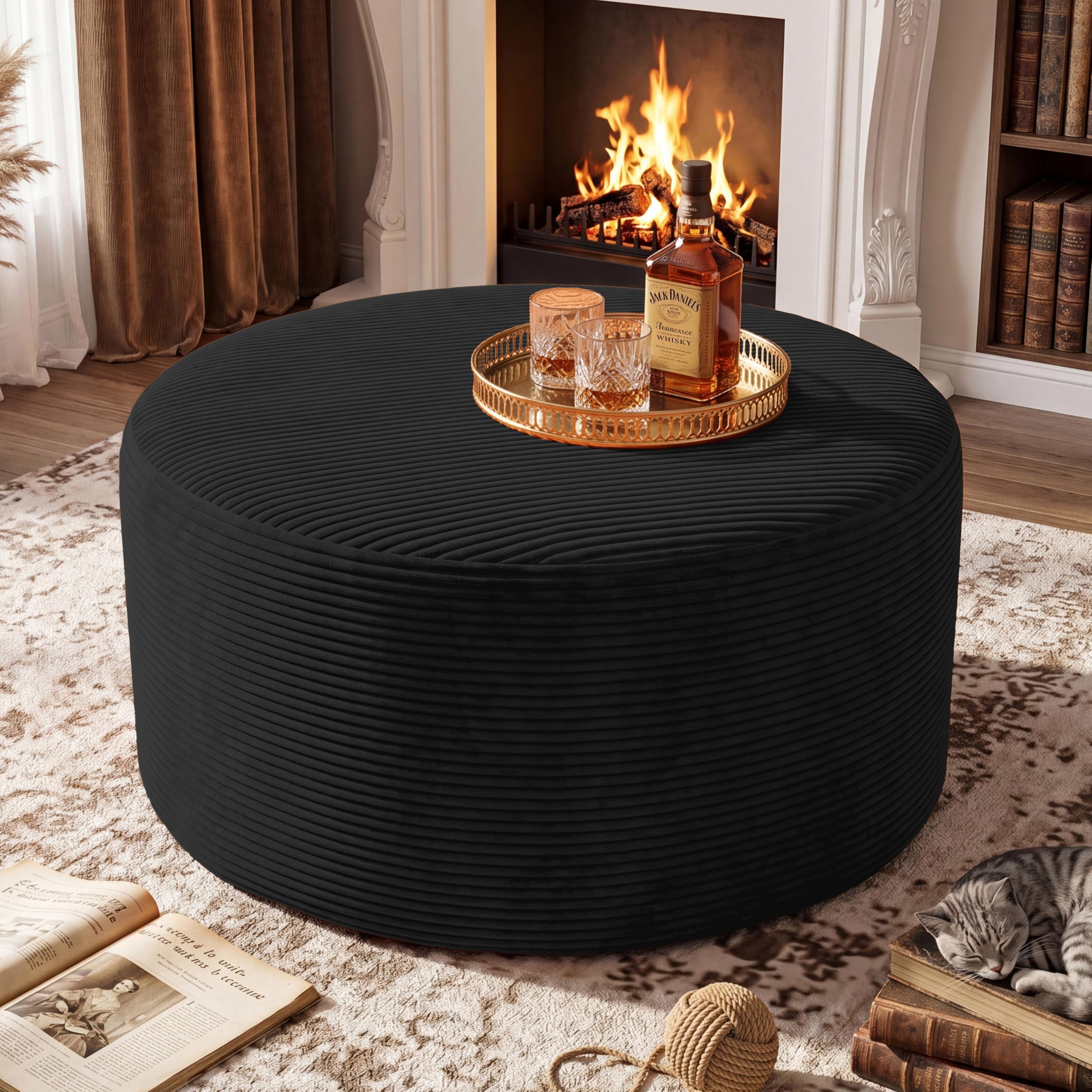 BSHOMGI Round Boneless Ottoman Oversized Ottomans for Living Room, Cloud Rectangle Pouf Coffee Table, Poofy Corduroy Foot Stoolsfor Living Room, Bedroom or Office