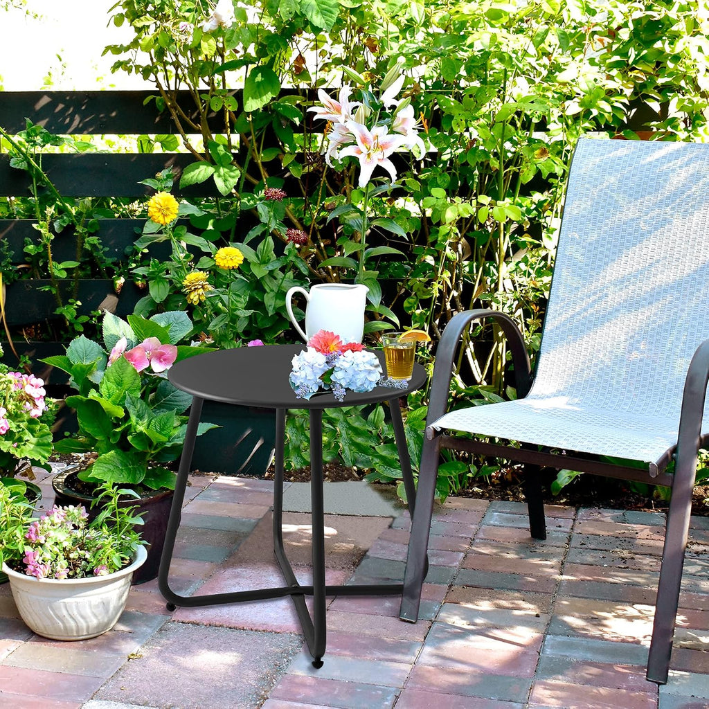 Outdoor Table Small Patio Side Table, Round Metal Side Table, Weatherproof, Portable, Outdoor End for Garden, Balcony, Yard (Black)