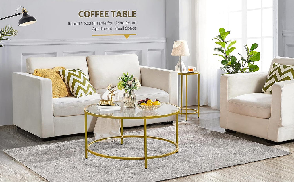 Yaheetech Coffee Table Set of 3, Round Coffee Table & 2pcs Accent End Table Easy Assembly w/Glass-Top Surface & Reinforced Frame for Living Room,Apartment,Small Space,Mustard Gold