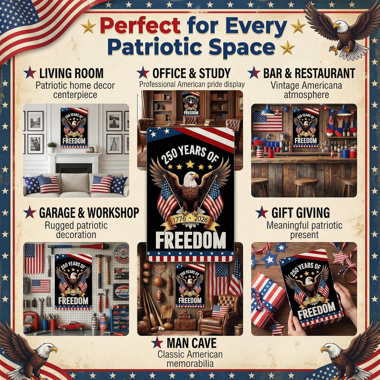 FunnySign 250 Anniversary USA Merchandise Vintage Patriotic Decor USA 250 Years of Freedom Eagle Design Tin Sign for Home Bedroom Front Door Yard Porch Decor 8 x 12 inches