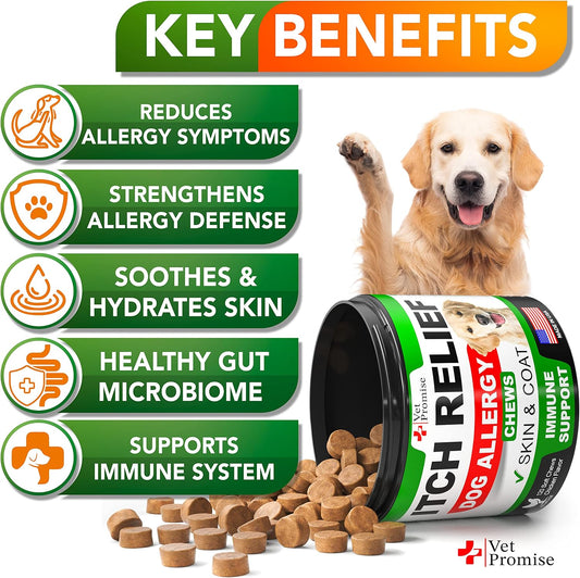 Dog Allergy Relief Chews - Dog Itch Relief Treatment - Anti Itch - Itchy Skin - Dry Skin & Hot Spots - Immune Health Supplement with Probiotics, Omega 3 Fish Oil, Colostrum - Made in USA - 120 Treats