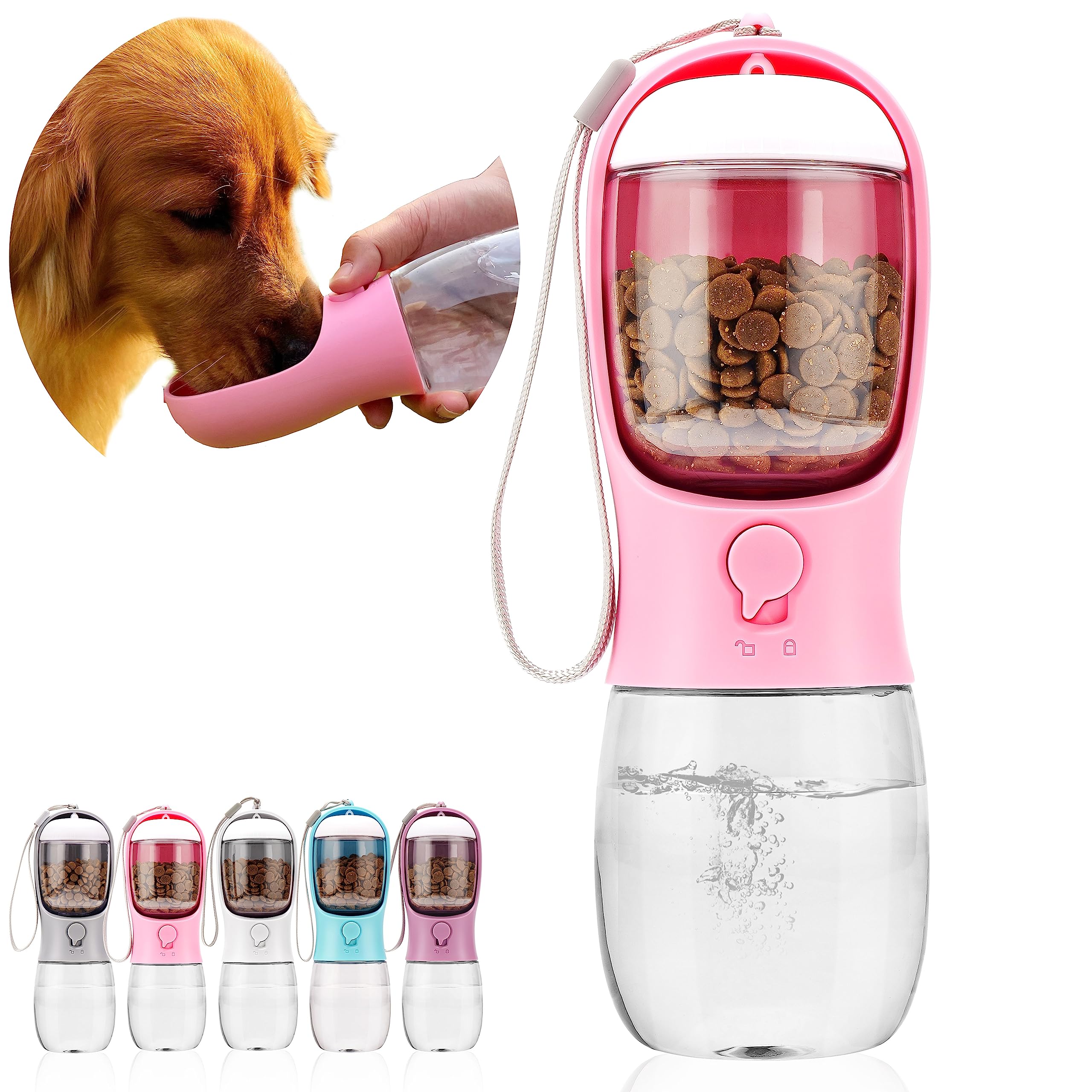 Dog Water Bottle with Food Container, Portable Leak Proof Pet Water Dispenser for Walking Hiking Travel, Puppy Essentials Accessories for Small Large Dogs, Dog Gifts (10oz/15oz/19oz)