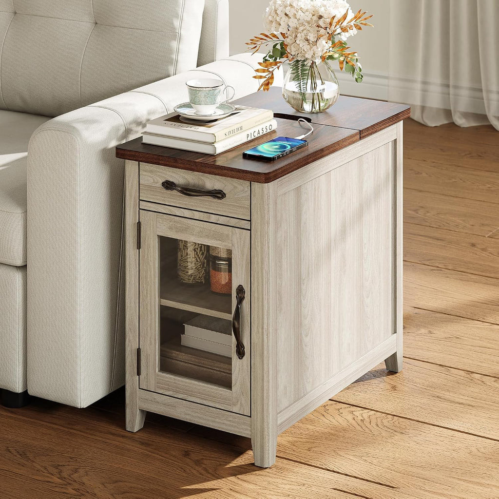 LINSY HOME End Table with Charging Station, Modern Farmhouse Wooden Side Table with Drawer, Detachable Holder, Extra Storage & Display Space, for Living Room and Bedroom, Glass Door, Washed Grey