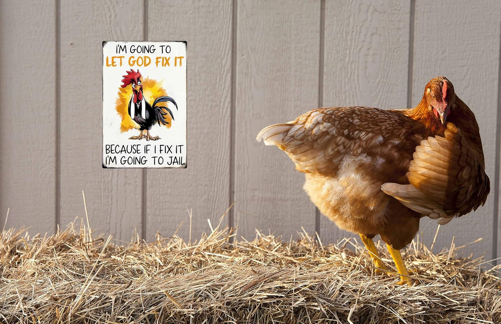 Funny Chicken Gifts Christian God Gifts Chicken I'm Going To Let God Fix It Tin Sign for Home Farm Chicken Coop Farmhouse Kitchen Garden Decor 8x12 in