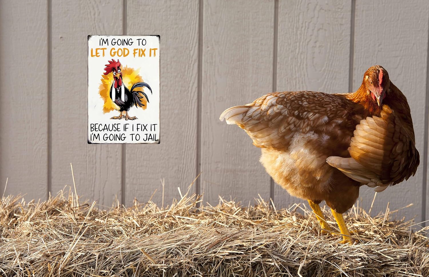 Funny Chicken Gifts Christian God Gifts Chicken I'm Going To Let God Fix It Tin Sign for Home Farm Chicken Coop Farmhouse Kitchen Garden Decor 8x12 in