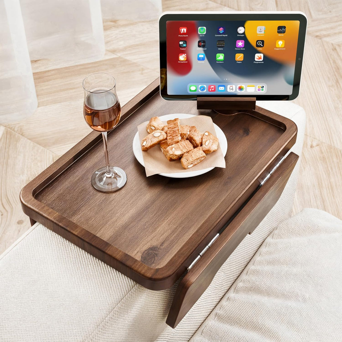 HOLANA 15.75" Acacia Couch Armrest Table - Wood Couch Arm Tray with Phone Holder – Sofa Side Table, Armchair Caddy, Sofa Arm Table for Home Sofa Living Room (Walnut)