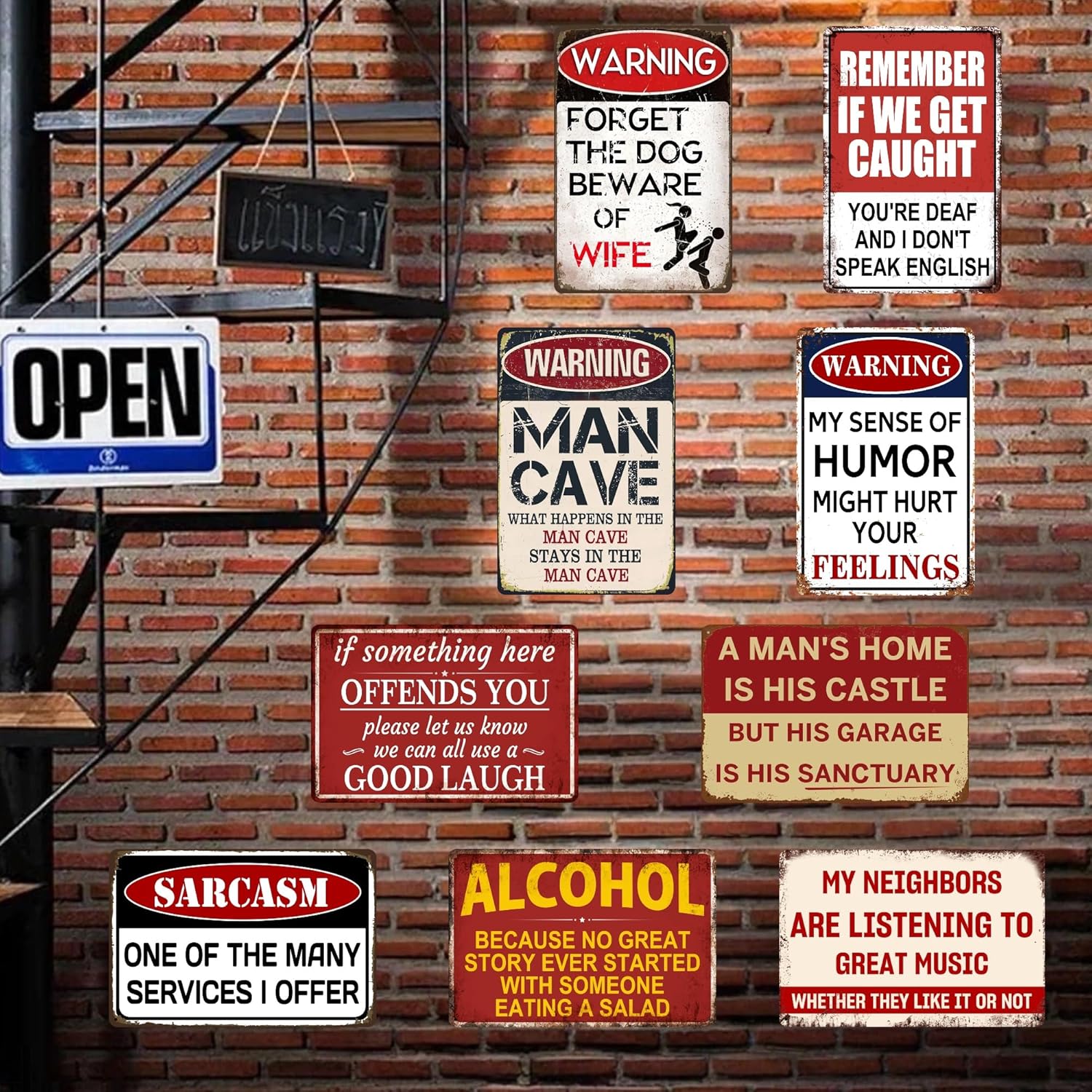 Vintage Metal Tin Signs for Man Cave, Garage & Bar, Funny Signs for Men, Home Bar, Basement,Pub Wall Decor Gifts 8 x 12 Inch（9pcs）