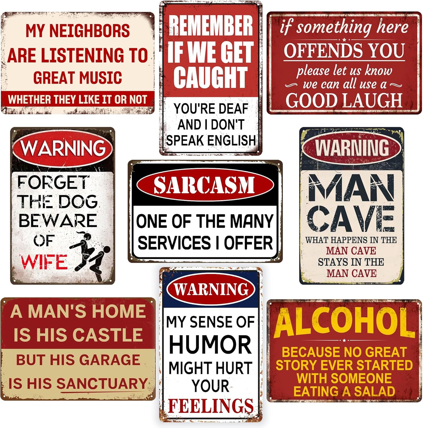 Vintage Metal Tin Signs for Man Cave, Garage & Bar, Funny Signs for Men, Home Bar, Basement,Pub Wall Decor Gifts 8 x 12 Inch（9pcs）