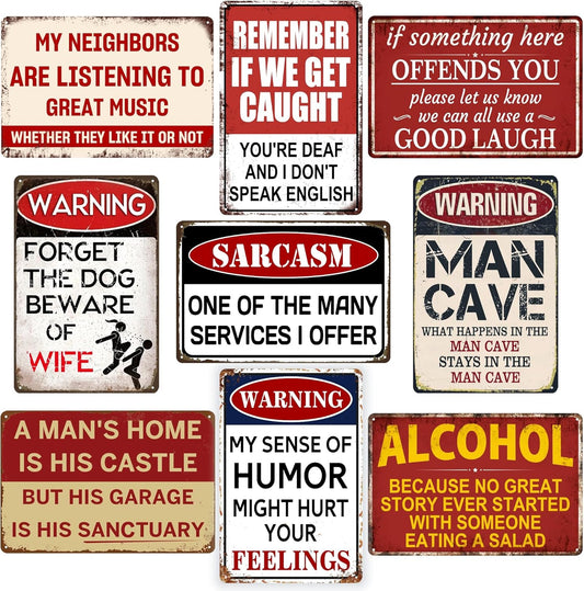Vintage Metal Tin Signs for Man Cave, Garage & Bar, Funny Signs for Men, Home Bar, Basement,Pub Wall Decor Gifts 8 x 12 Inch（9pcs）