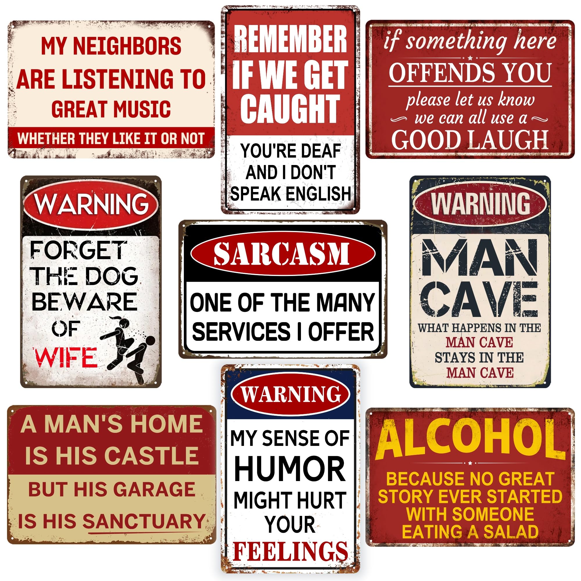 Vintage Metal Tin Signs for Man Cave, Garage & Bar, Funny Signs for Men, Home Bar, Basement,Pub Wall Decor Gifts 8 x 12 Inch（9pcs）