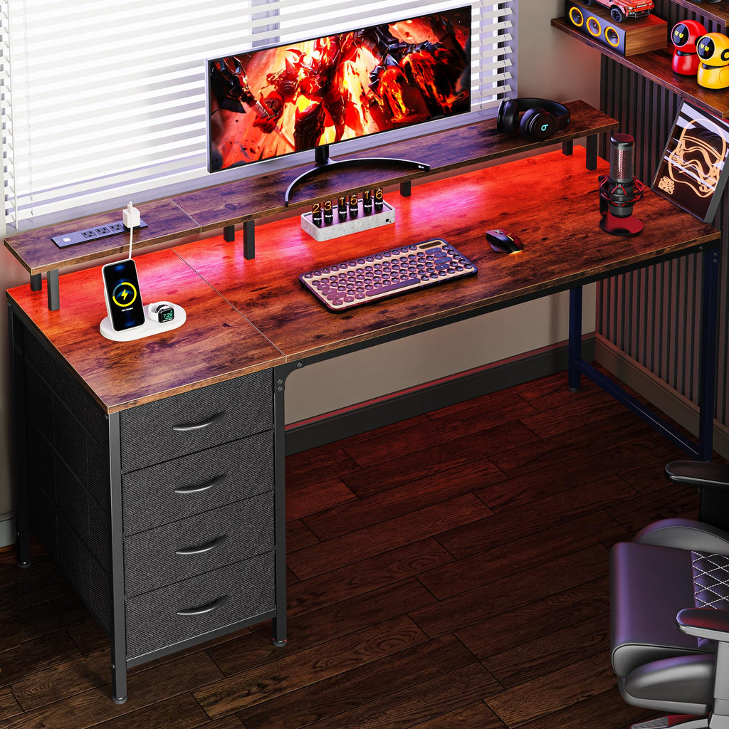 Huuger 47 Inch Computer Desk with Power Outlets and LED Lights, Gaming Desk with 4 Drawers, Office Desk with Monitor Stand, Study Work Home Office, Small Spaces, Black
