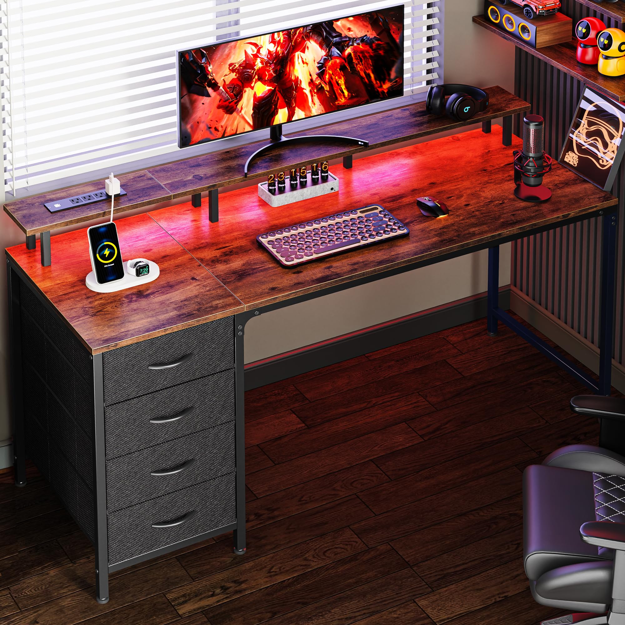 Huuger 47 Inch Computer Desk with Power Outlets and LED Lights, Gaming Desk with 4 Drawers, Office Desk with Monitor Stand, Study Work Home Office, Small Spaces, Black