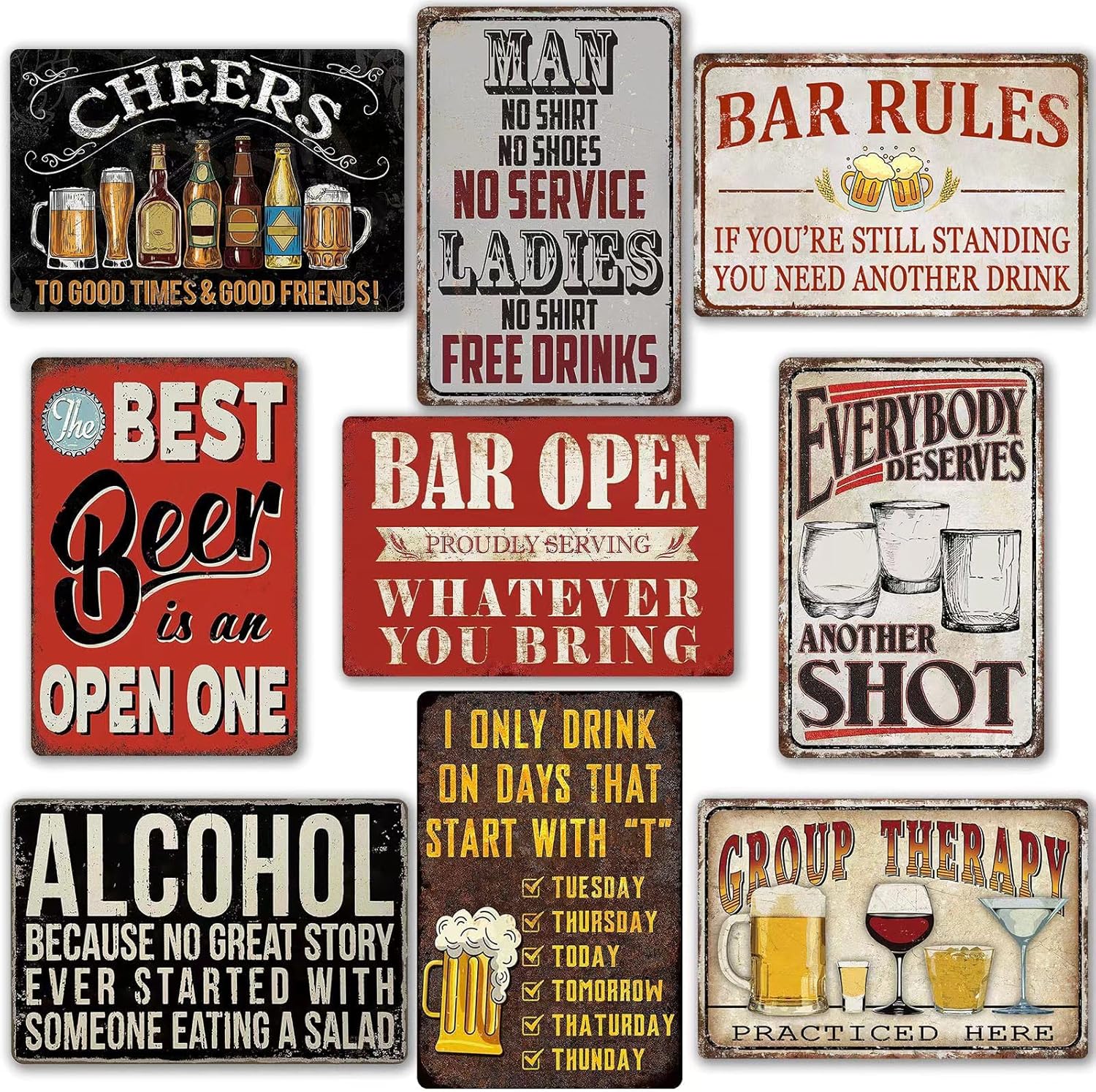 Funny Bar Signs For Home Bar Decor Metal Tin Signs Vintage Man Cave Sign Bar Accessories Garage Decor For Men Pub Wall Decor Open Rules Tin Sign 8×12 Inch (9 Pcs)