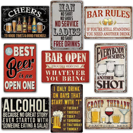 Funny Bar Signs For Home Bar Decor Metal Tin Signs Vintage Man Cave Sign Bar Accessories Garage Decor For Men Pub Wall Decor Open Rules Tin Sign 8×12 Inch (9 Pcs)