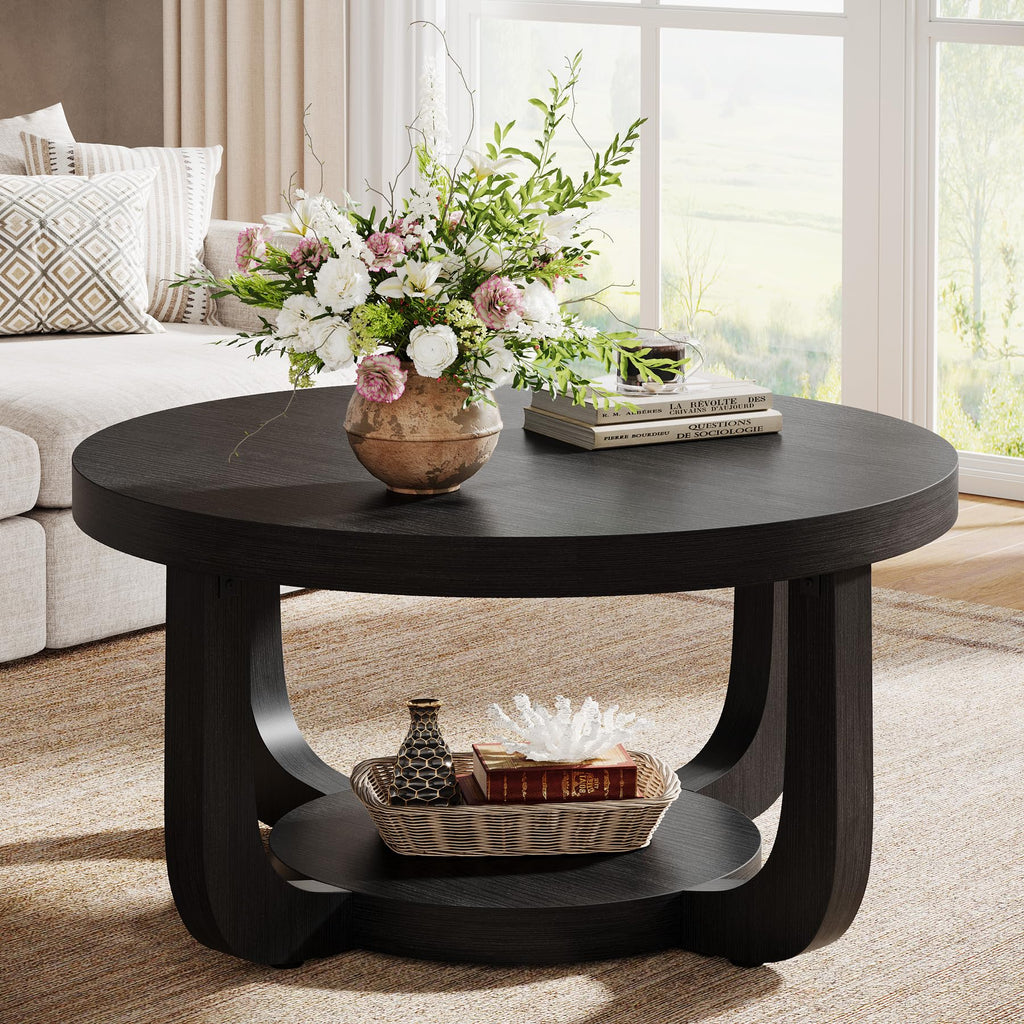 Tribesigns Round Coffee Table, 2-Tier Circle Coffee Table with Storage, Modern Wooden Accent Center Table for Living Room, Thick Tabletop & Base, Dark Brown