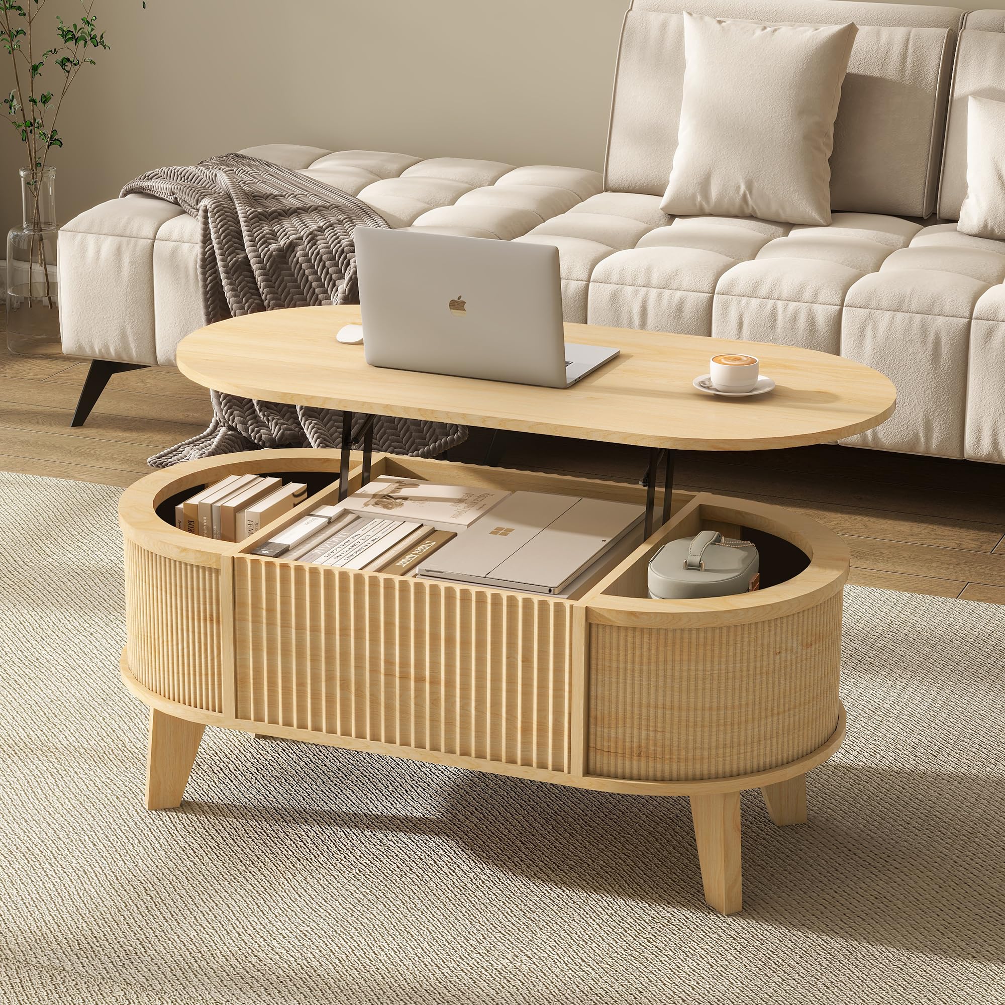 LYNCOHOME Fluted Lift Top Coffee Table with Storage,Modern Oval Coffee Table for Living Room or Home Office（Walnut）