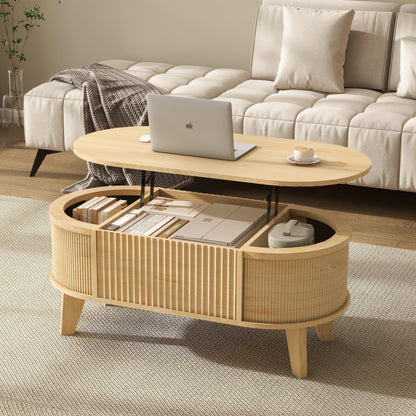 Fluted Lift Top Coffee Table with Storage,Modern Oval Coffee Table for Living Room or Home Office（Walnut）