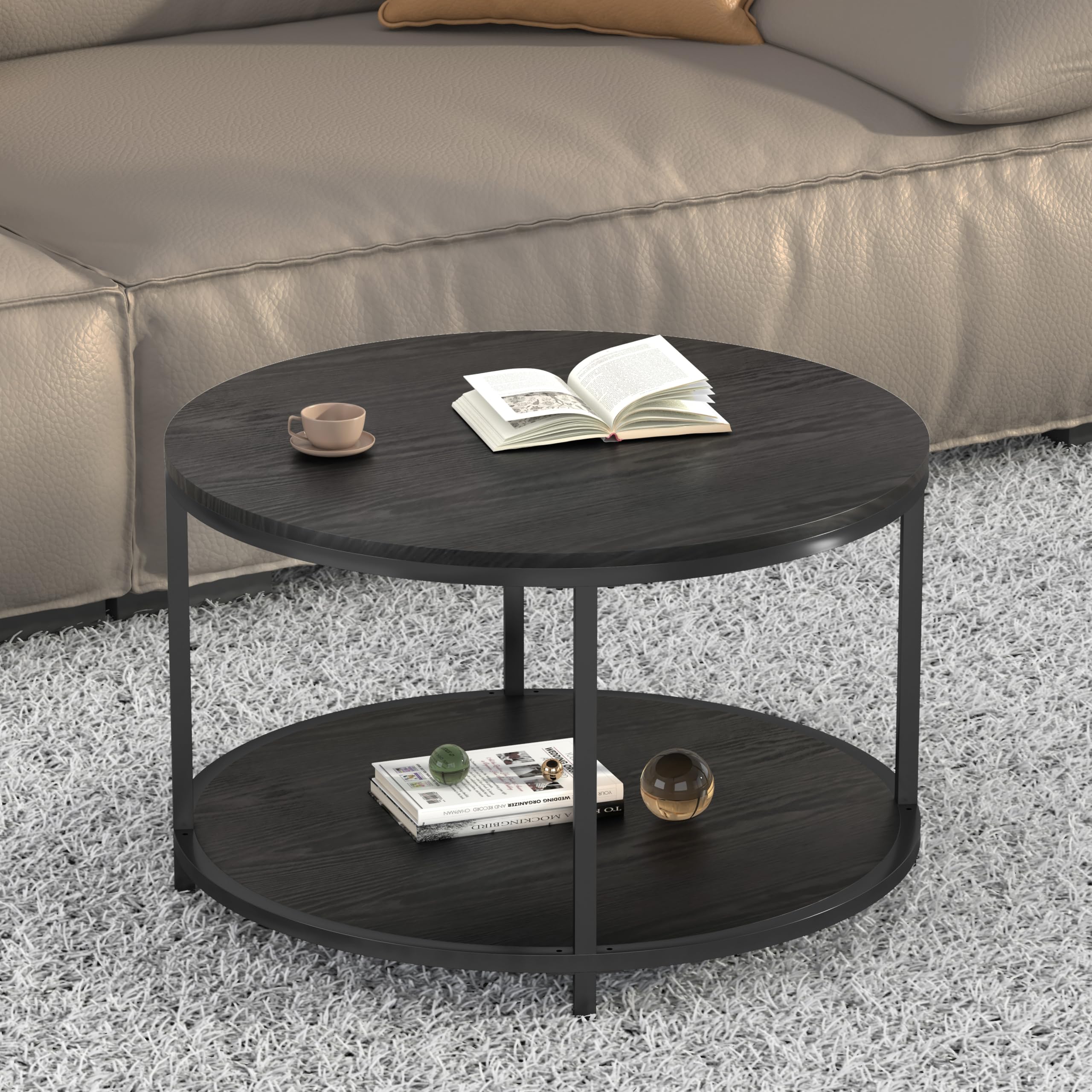 NSdirect Round Coffee Table,36" Coffee Table for Living Room,2-Tier Rustic Wood Desktop with Storage Shelf Modern Design Home Furniture(Light Walnut)