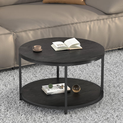 NSdirect Round Coffee Table, 27.5" Small Coffee Table for Living Room,2-Tier Rustic Wood Desktop with Storage Shelf Modern Design Home Furniture(Light Walnut)