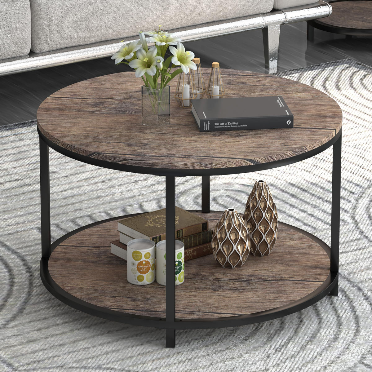 NSdirect Round Coffee Table, 27.5" Small Coffee Table for Living Room,2-Tier Rustic Wood Desktop with Storage Shelf Modern Design Home Furniture(Light Walnut)