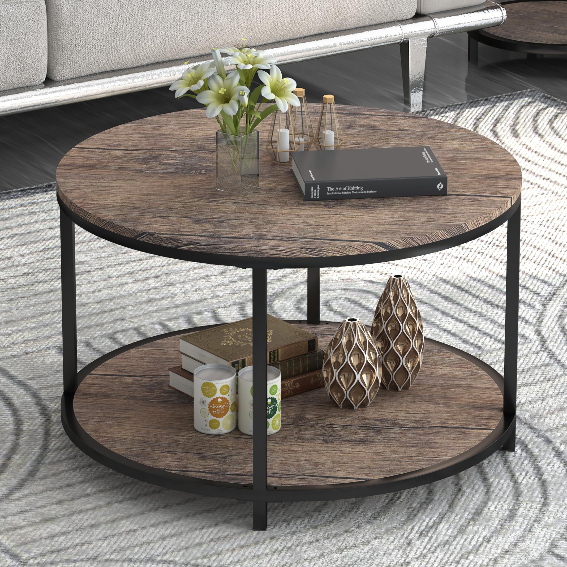 NSdirect Round Coffee Table, 27.5" Small Coffee Table for Living Room,2-Tier Rustic Wood Desktop with Storage Shelf Modern Design Home Furniture(Light Walnut)