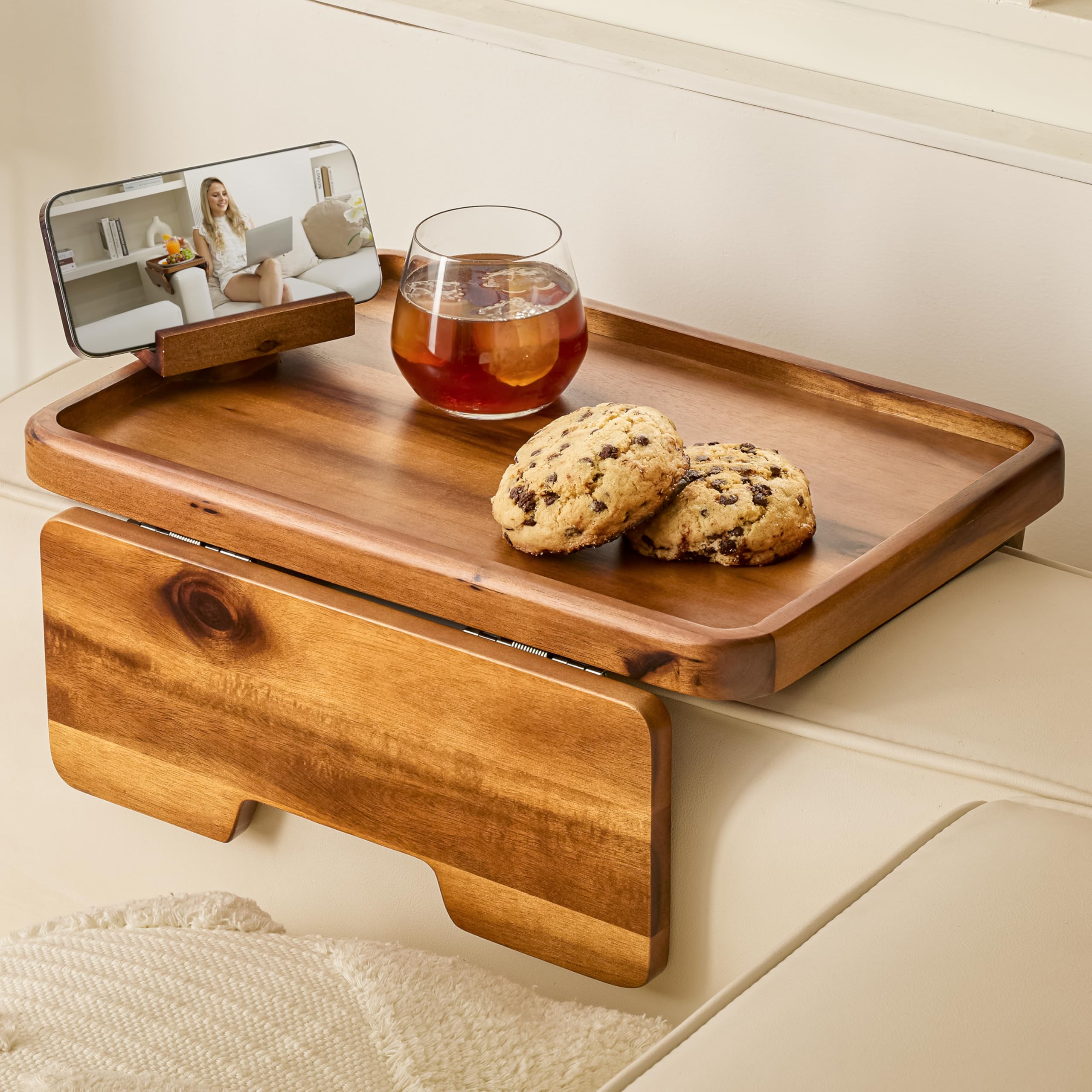 HOLANA 15.75" Acacia Couch Armrest Table - Wood Couch Arm Tray with Phone Holder – Sofa Side Table, Armchair Caddy, Sofa Arm Table for Home Sofa Living Room (Walnut)