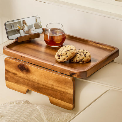 HOLANA 15.75" Acacia Couch Armrest Table - Wood Couch Arm Tray with Phone Holder – Sofa Side Table, Armchair Caddy, Sofa Arm Table for Home Sofa Living Room (Walnut)