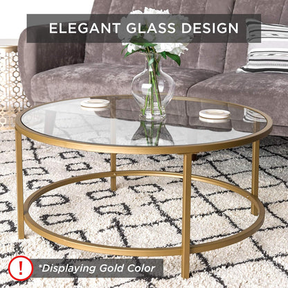 Best Choice Products 36in Modern Round Tempered Glass Accent Side Coffee Table for Living Room, Dining Room, Tea, Home Décor w/Metal Frame, Non-Marring Foot Caps - Gray