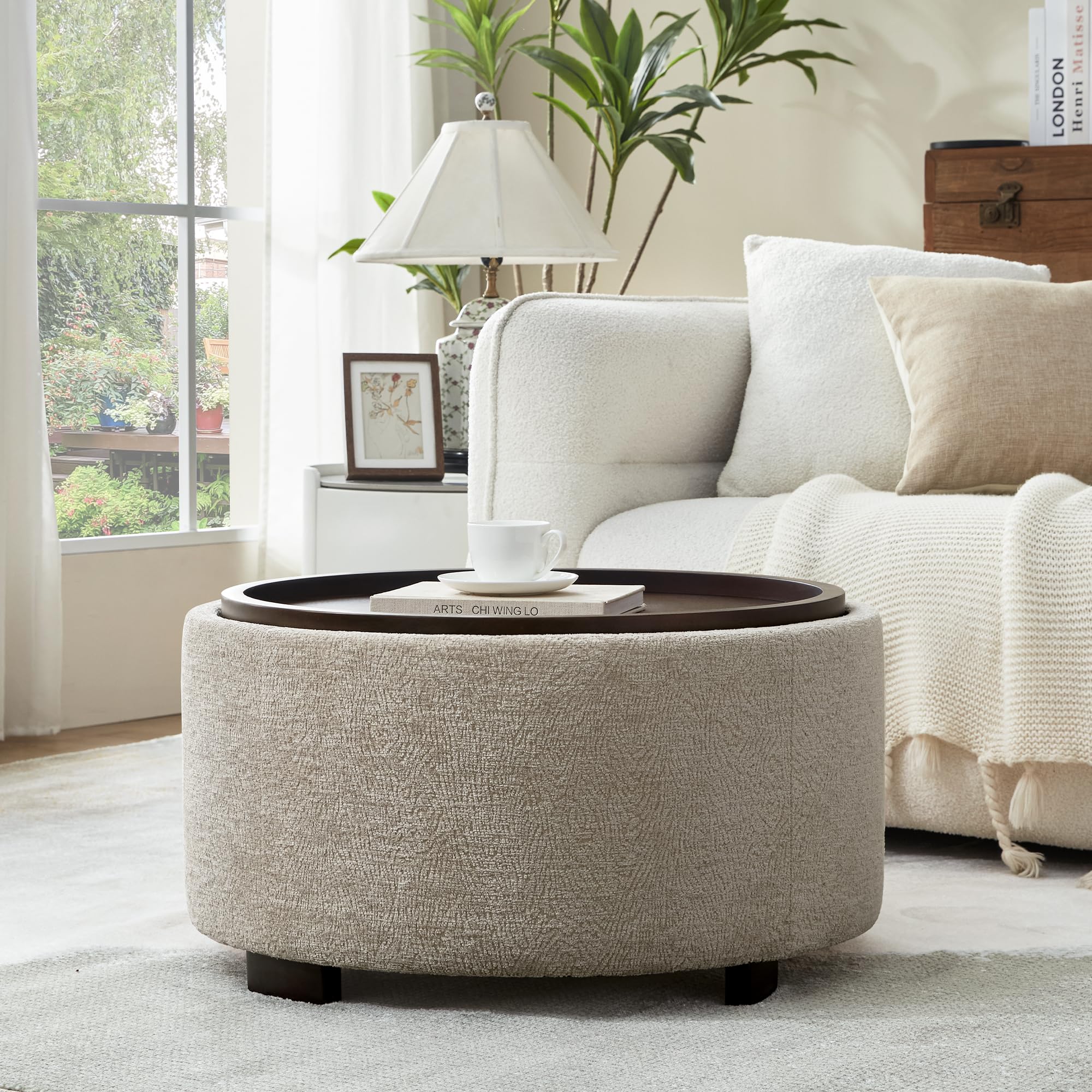 Zihanhome 30 Inch Round Storage Ottoman Coffee Table, Modern Boucle Ottoman with Lift-Off Lid and Solid Wood Legs for Living Room, Bedroom, Corners, Apartments (Beige)
