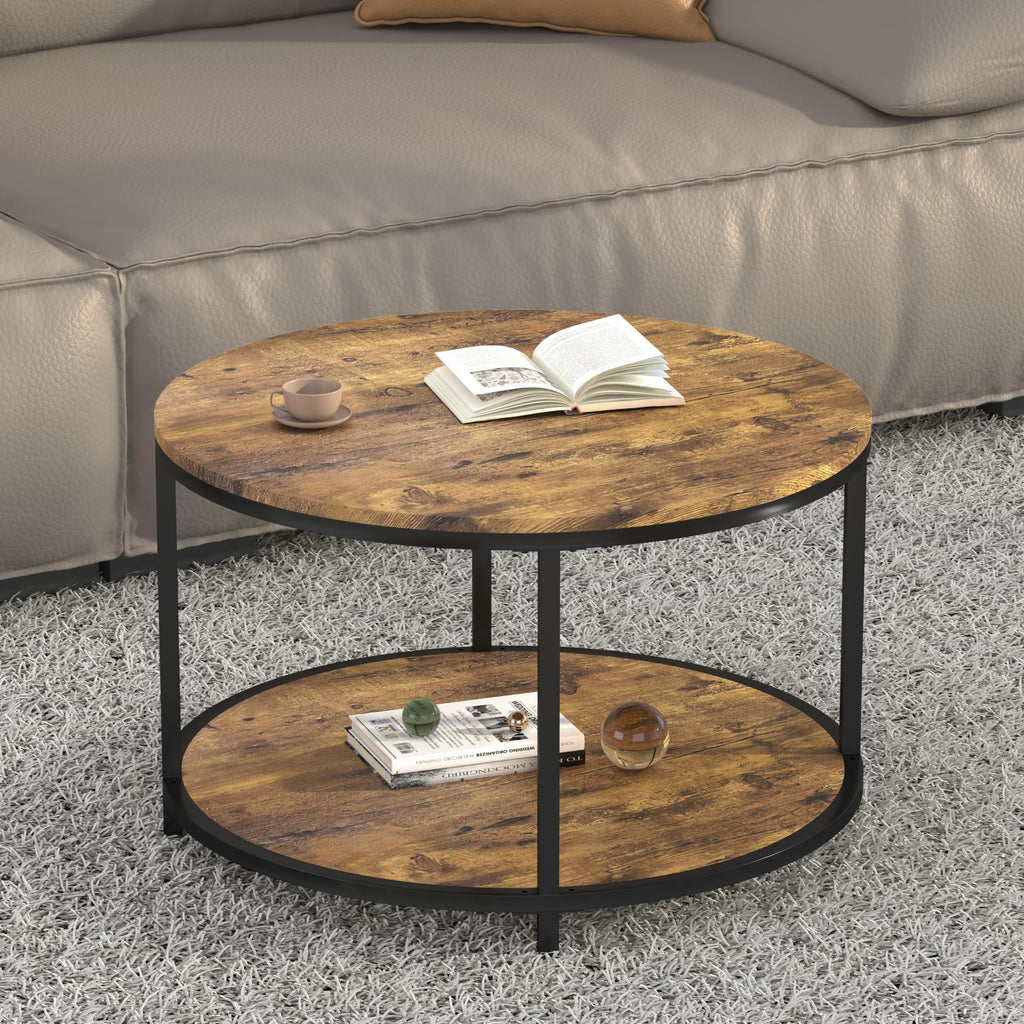 NSdirect Round Coffee Table, 27.5" Small Coffee Table for Living Room,2-Tier Rustic Wood Desktop with Storage Shelf Modern Design Home Furniture(Light Walnut)