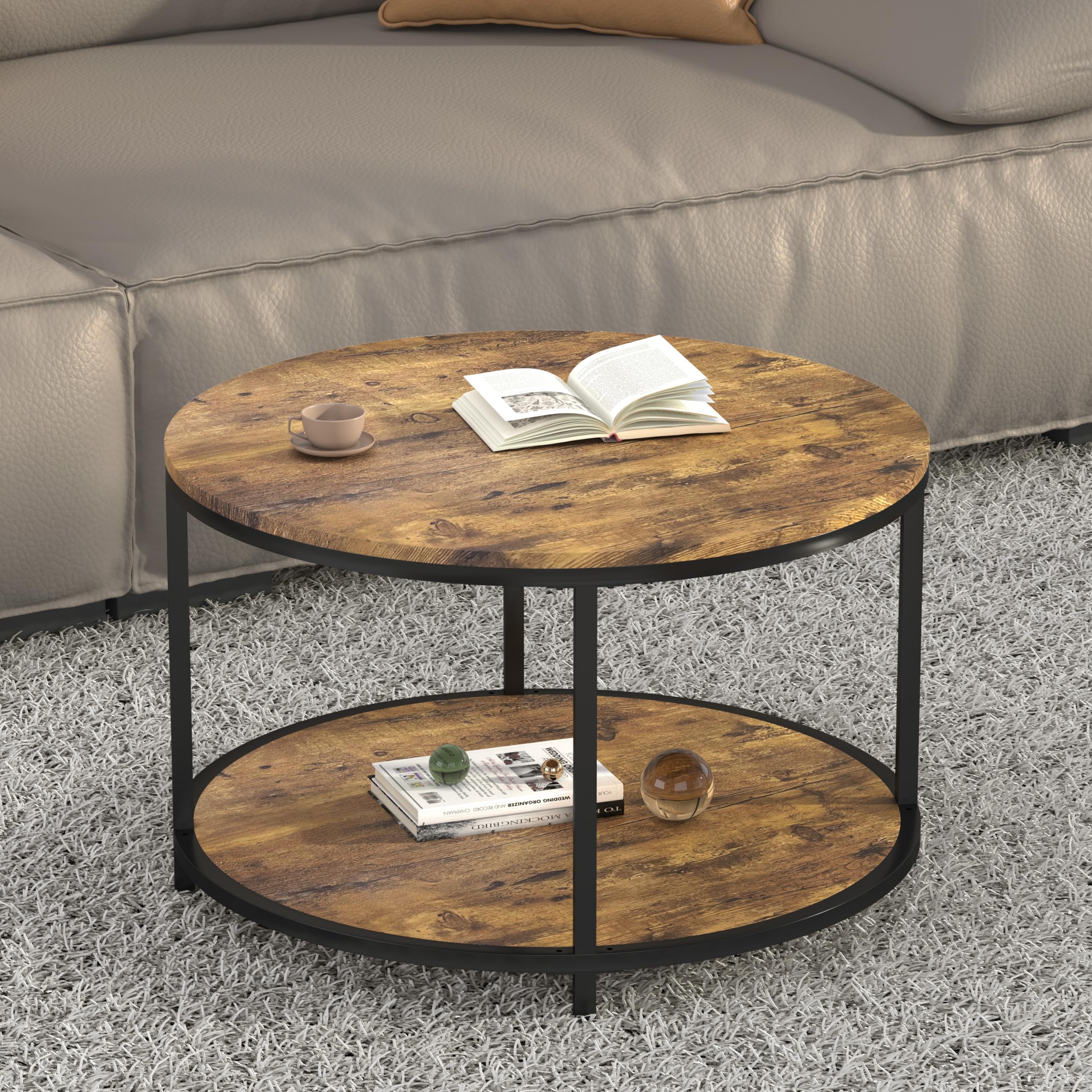 NSdirect Round Coffee Table, 27.5" Small Coffee Table for Living Room,2-Tier Rustic Wood Desktop with Storage Shelf Modern Design Home Furniture(Light Walnut)