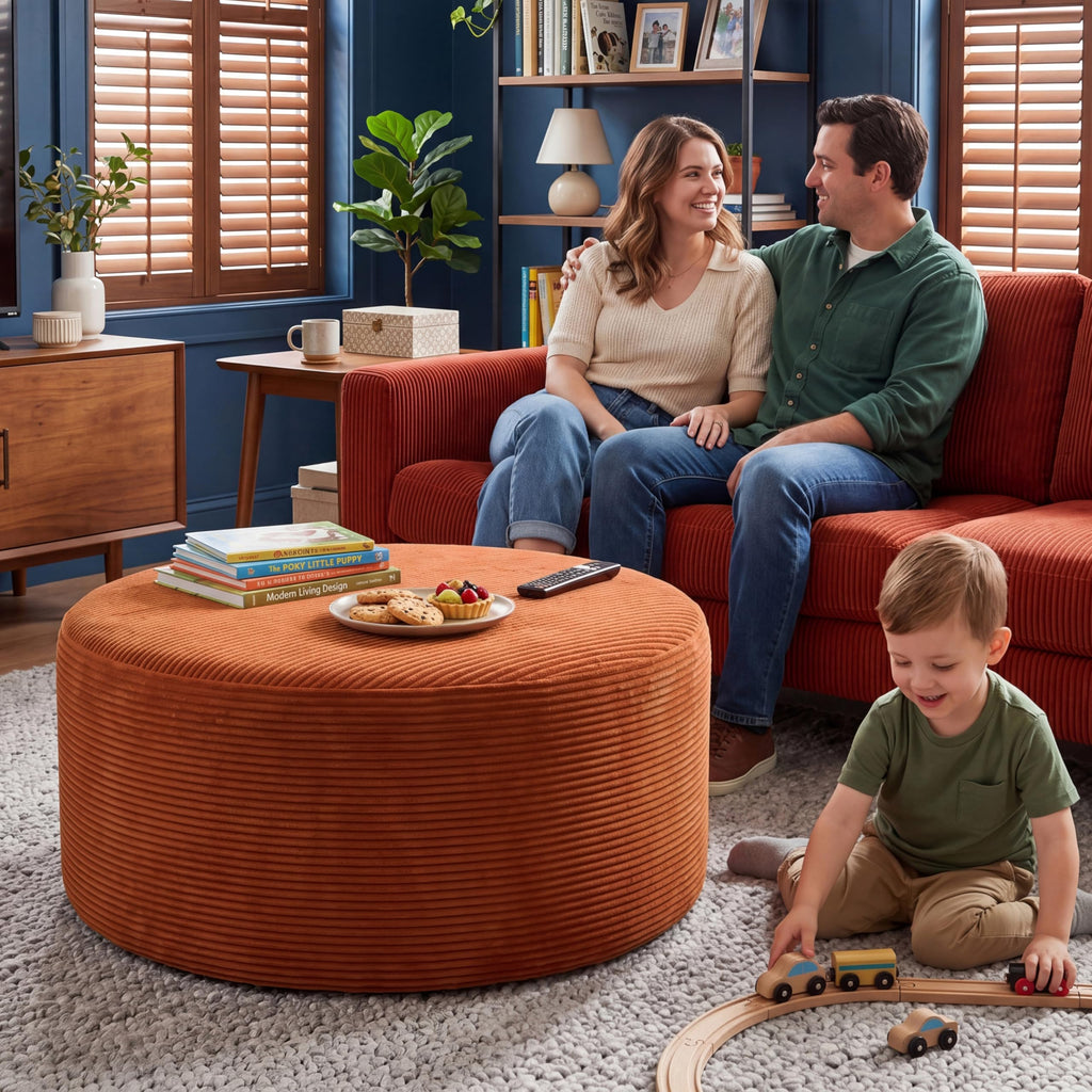 BSHOMGI Round Boneless Ottoman Oversized Ottomans for Living Room, Cloud Rectangle Pouf Coffee Table, Poofy Corduroy Foot Stoolsfor Living Room, Bedroom or Office