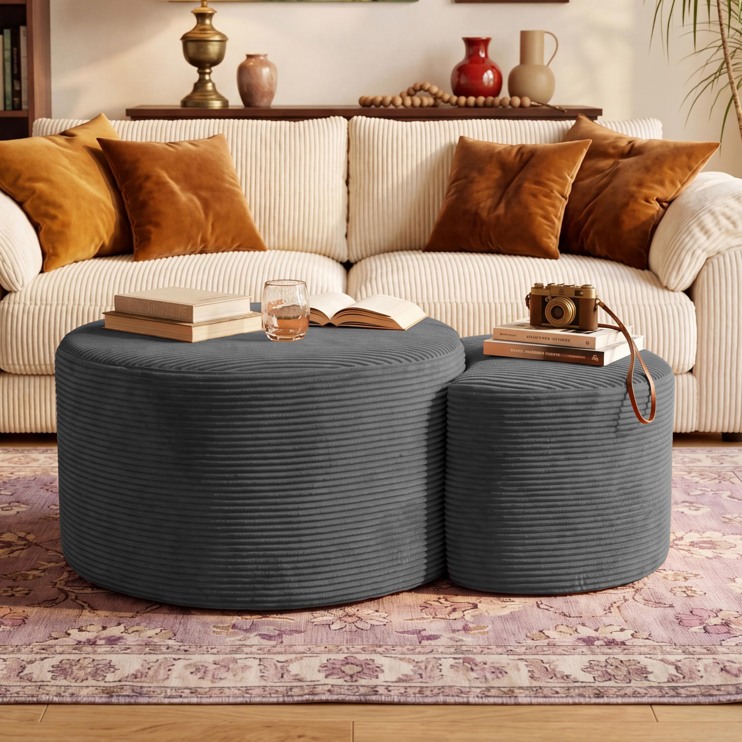BSHOMGI Round Boneless Ottoman Oversized Ottomans for Living Room, Cloud Rectangle Pouf Coffee Table, Poofy Corduroy Foot Stoolsfor Living Room, Bedroom or Office