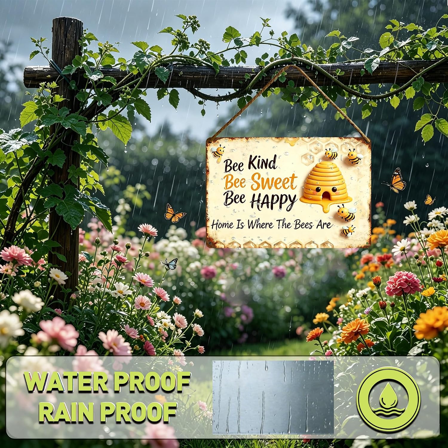 Bee Hive Aluminum Tin Sign, Inspirational Quote Wall Art, Rustic Farmhouse Decor for Home Kitchen Garden Porch, Waterproof Indoor Outdoor Plaque 12x8Inch