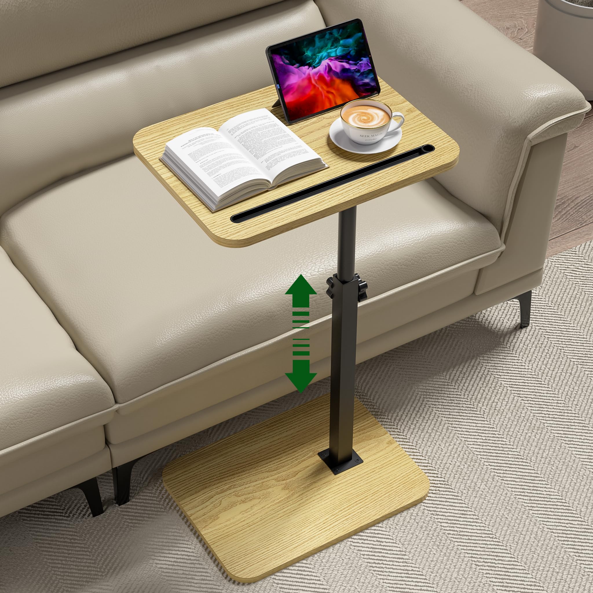 TV Tray Side Table for Couch - 360° Swivel Adjustable Height Rotating Sofa Table C Table End Table Laptop Desk with Phone & Tablet Slot, Perfect for Eating Working Reading, Fits Small Spaces
