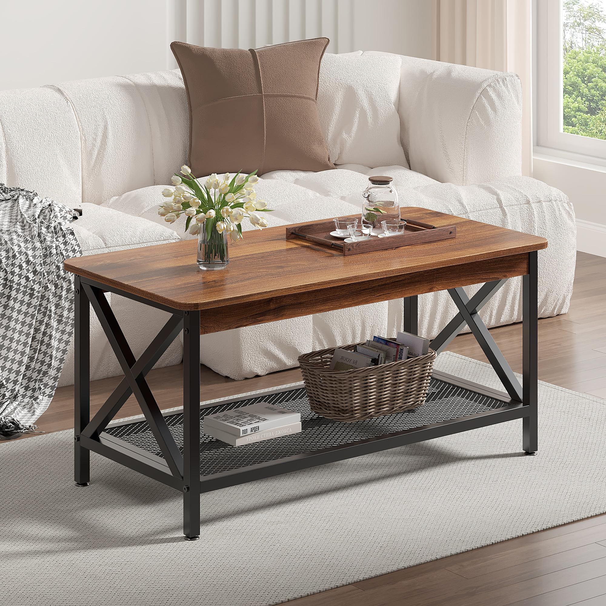 VECELO Coffee Table with 2-Tier Storage Shelf X-Frame for Living Room, Office Industrial Style,Easy Assembly, 39 inch Gold